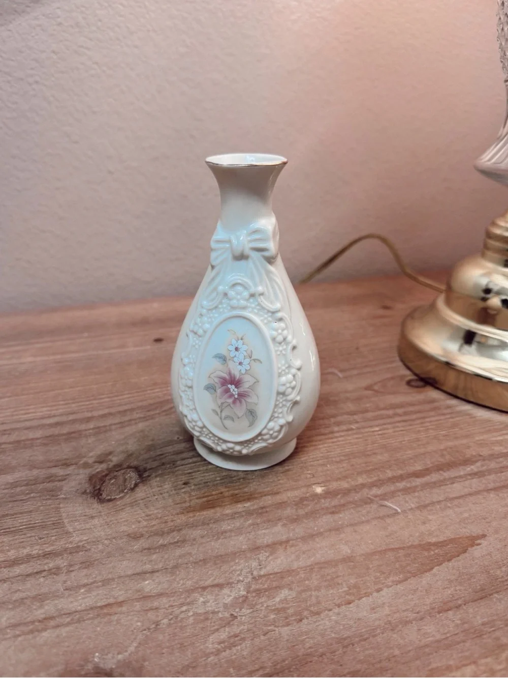 Vintage Cream Porcelain Floral Vase with Embossed Bow